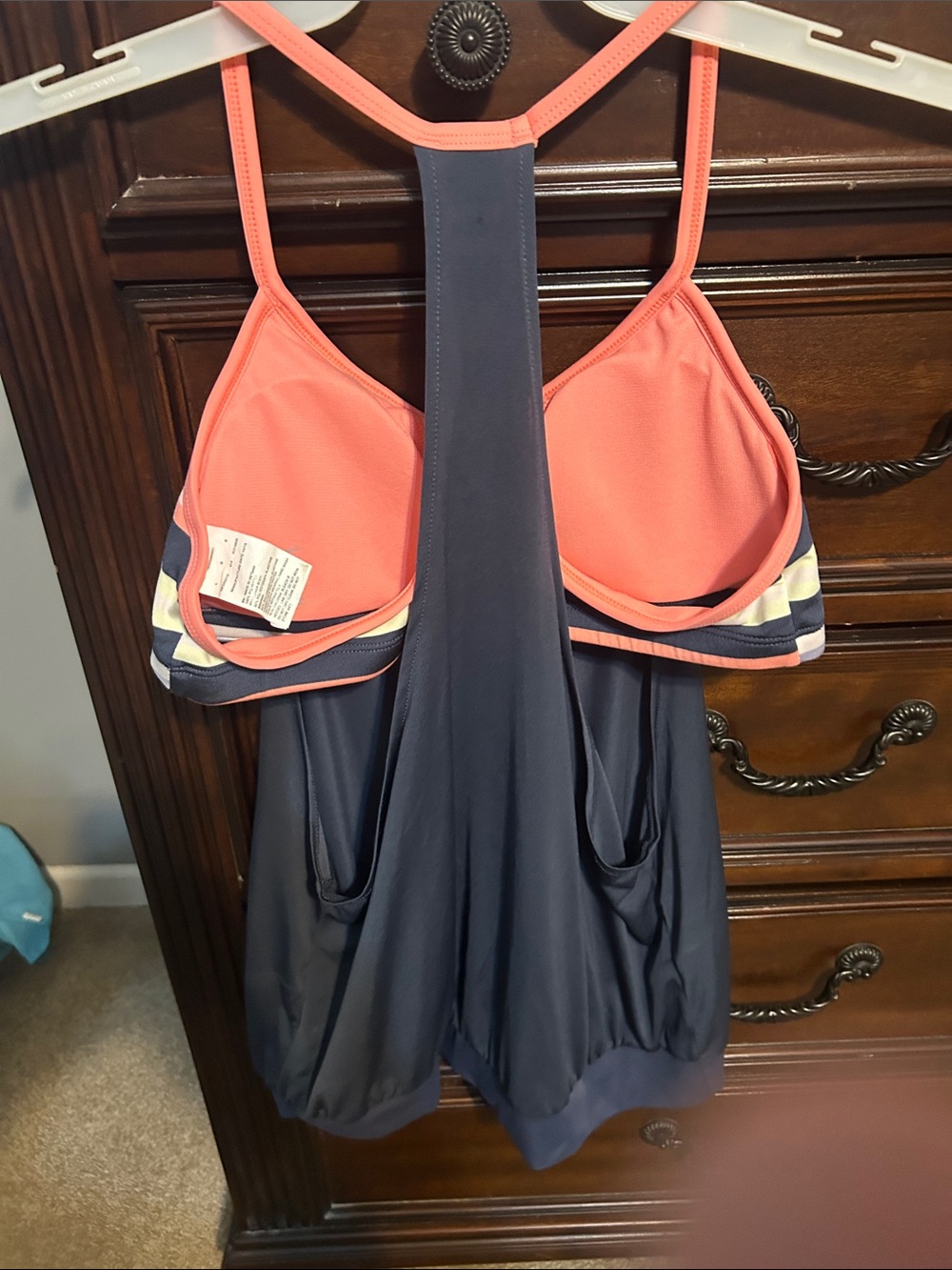 Nike Navy and Coral Striped Shoulder Athletic Tank - Picture 3 of 5